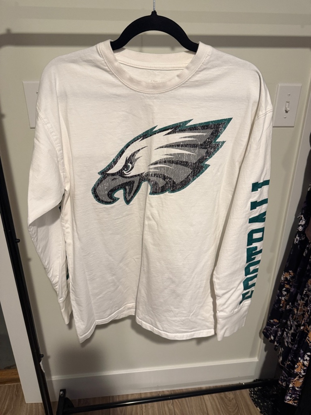 Philadelphia Eagles White Gameday Couture Long Sleeve Tee with Green& Black Logo